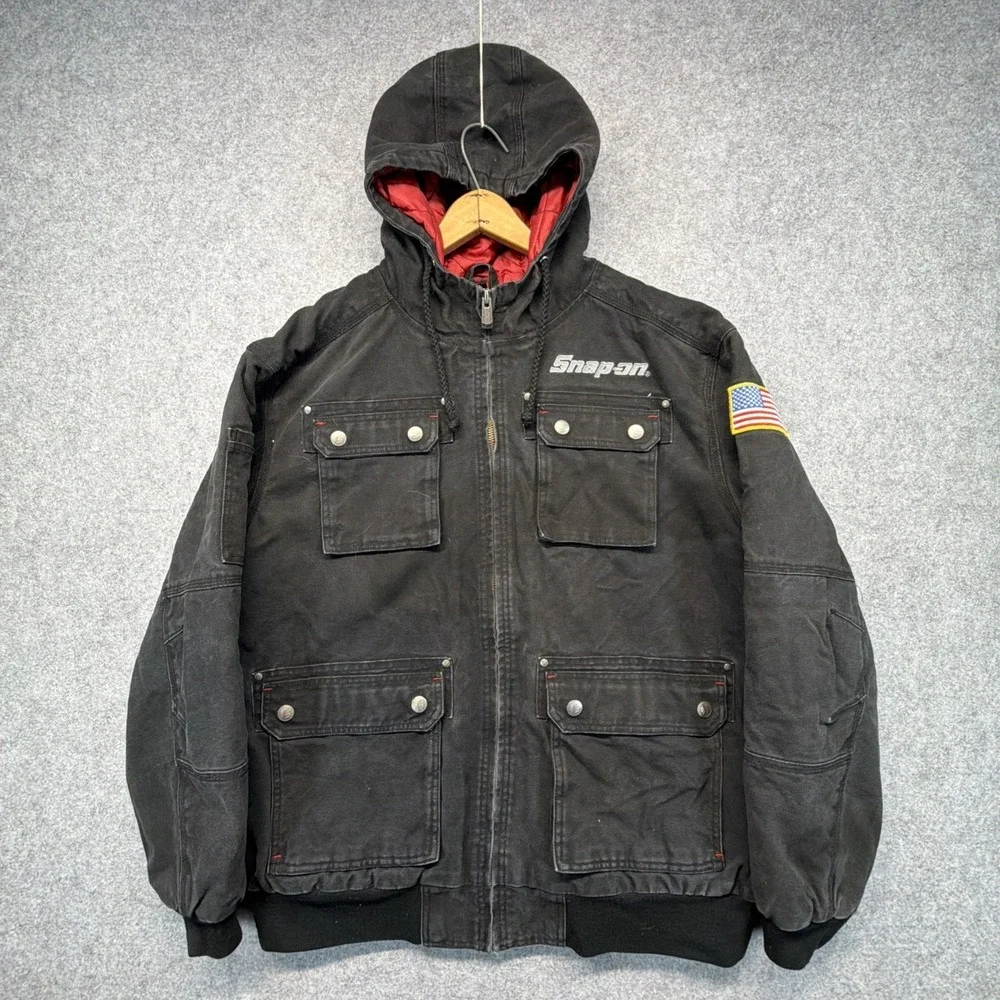 Vintage Snap On Tools Canvas Hooded Full Zip Jacket Black Mens Size XL Heavy